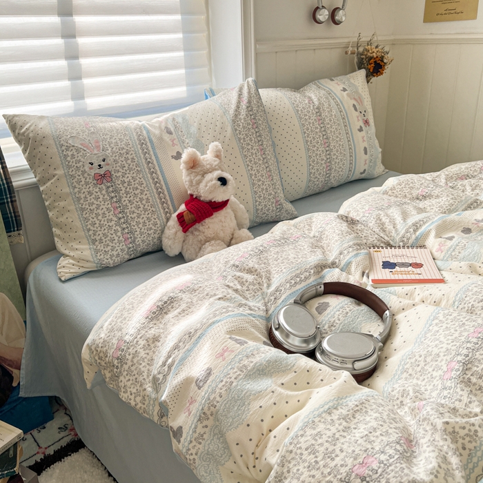 91家纺网 家纺一手货源 找家纺 妖妖家纺  2026小清新软糯双层纱刺绣四件套 甜美兔兔-刺绣