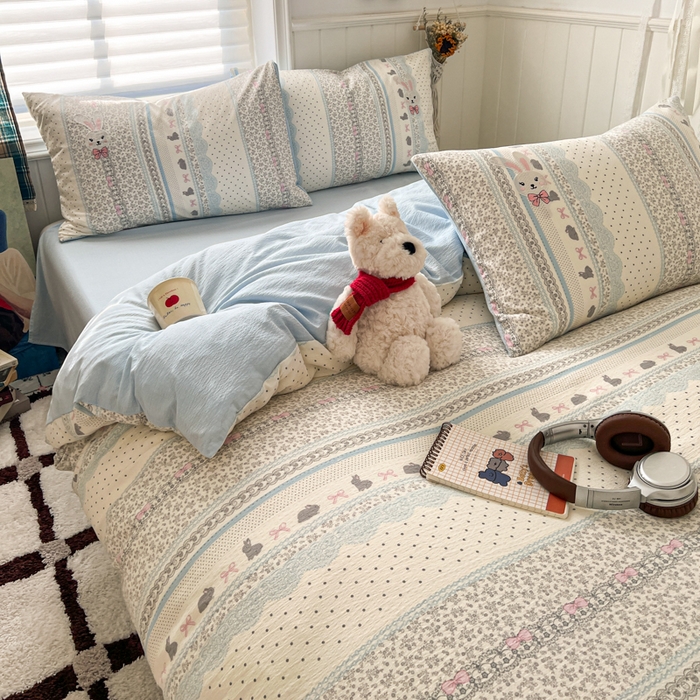 91家纺网 家纺一手货源 找家纺 妖妖家纺  2026小清新软糯双层纱刺绣四件套 甜美兔兔-刺绣