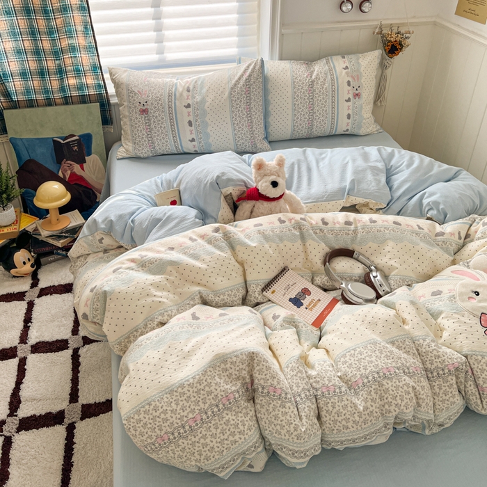 91家纺网 家纺一手货源 找家纺 妖妖家纺  2026小清新软糯双层纱刺绣四件套 甜美兔兔-刺绣