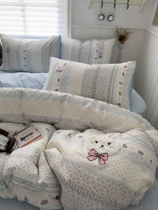 91家纺网 家纺一手货源 找家纺 妖妖家纺  2026小清新软糯双层纱刺绣四件套 甜美兔兔-刺绣