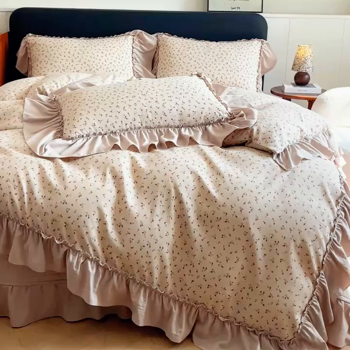 91家纺网 家纺一手货源 找家纺 尚美 2026新款法式复古大花边仿棉床盖四件套 清晨