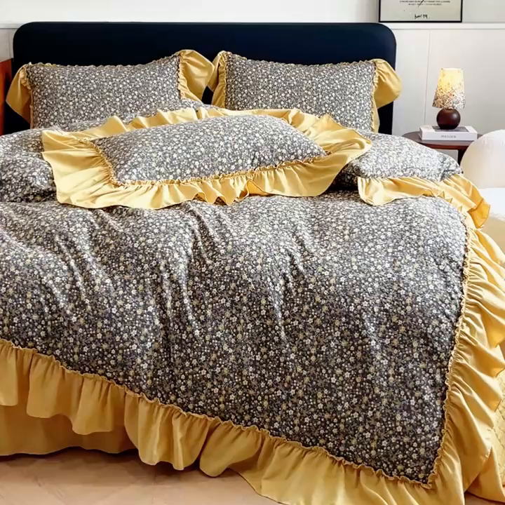 91家纺网 家纺一手货源 找家纺 尚美 2026新款法式复古大花边仿棉床盖四件套 洛丽塔