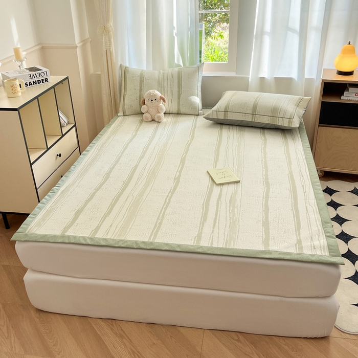 91家纺网 家纺一手货源 找家纺 雅居纺家纺 2026新款加厚三明治底凉感豆豆简约款凉感席床单款凉席席子 条纹-绿