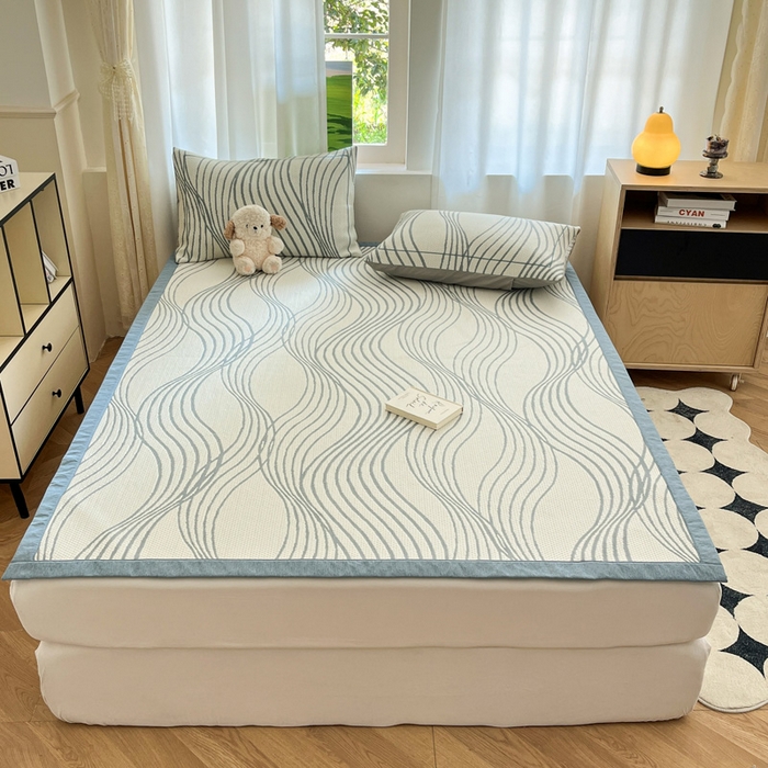 91家纺网 家纺一手货源 找家纺 雅居纺家纺 2026新款加厚三明治底凉感豆豆简约款凉感席床单款凉席席子 曲线-蓝