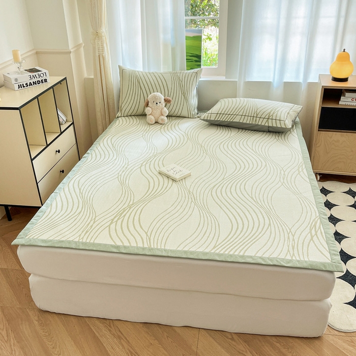 91家纺网 家纺一手货源 找家纺 雅居纺家纺 2026新款加厚三明治底凉感豆豆简约款凉感席床单款凉席席子 曲线-绿