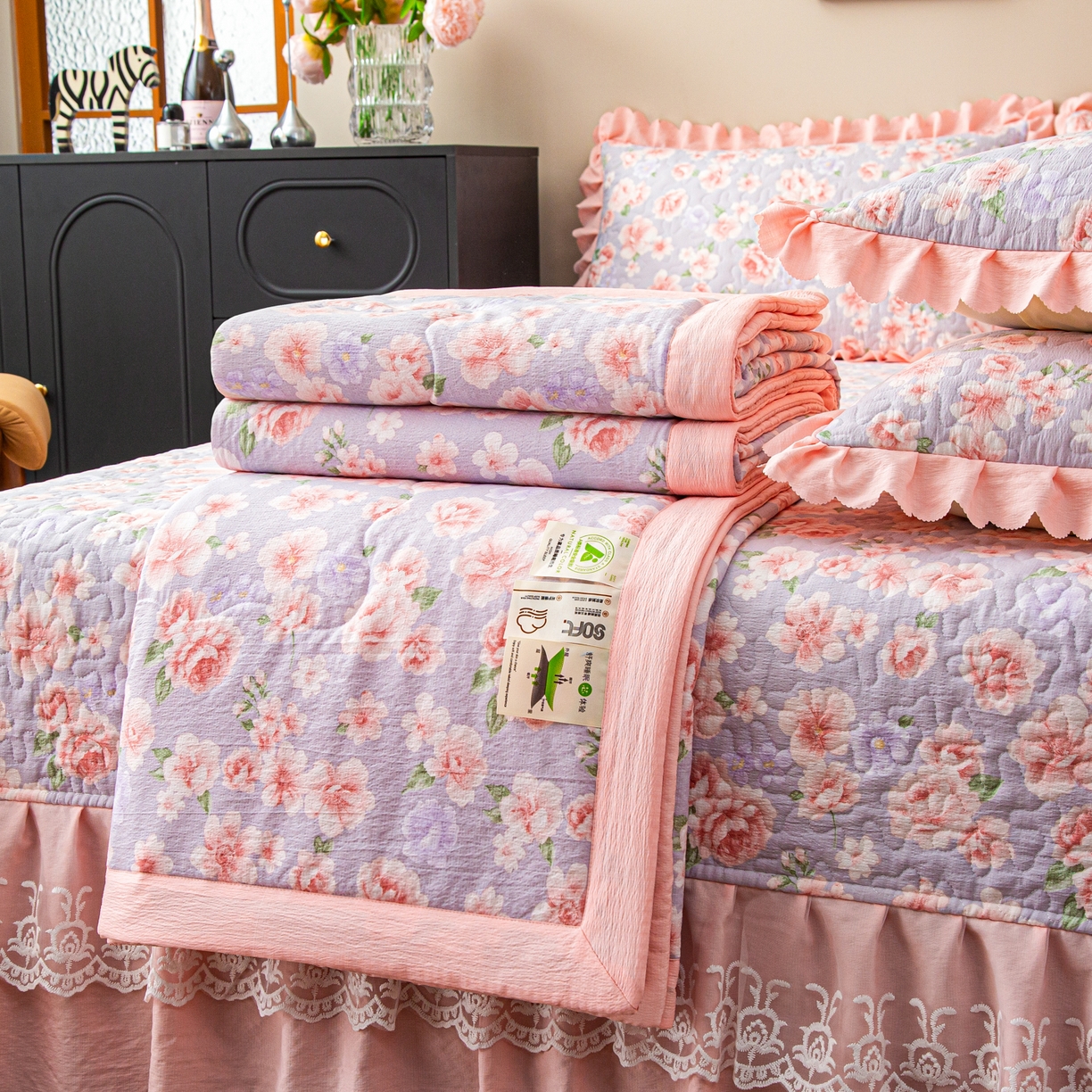 91家纺网 家纺一手货源 找家纺 美之润家纺 2026新款原麻夹棉床盖夏被四件套 粉雾玫瑰