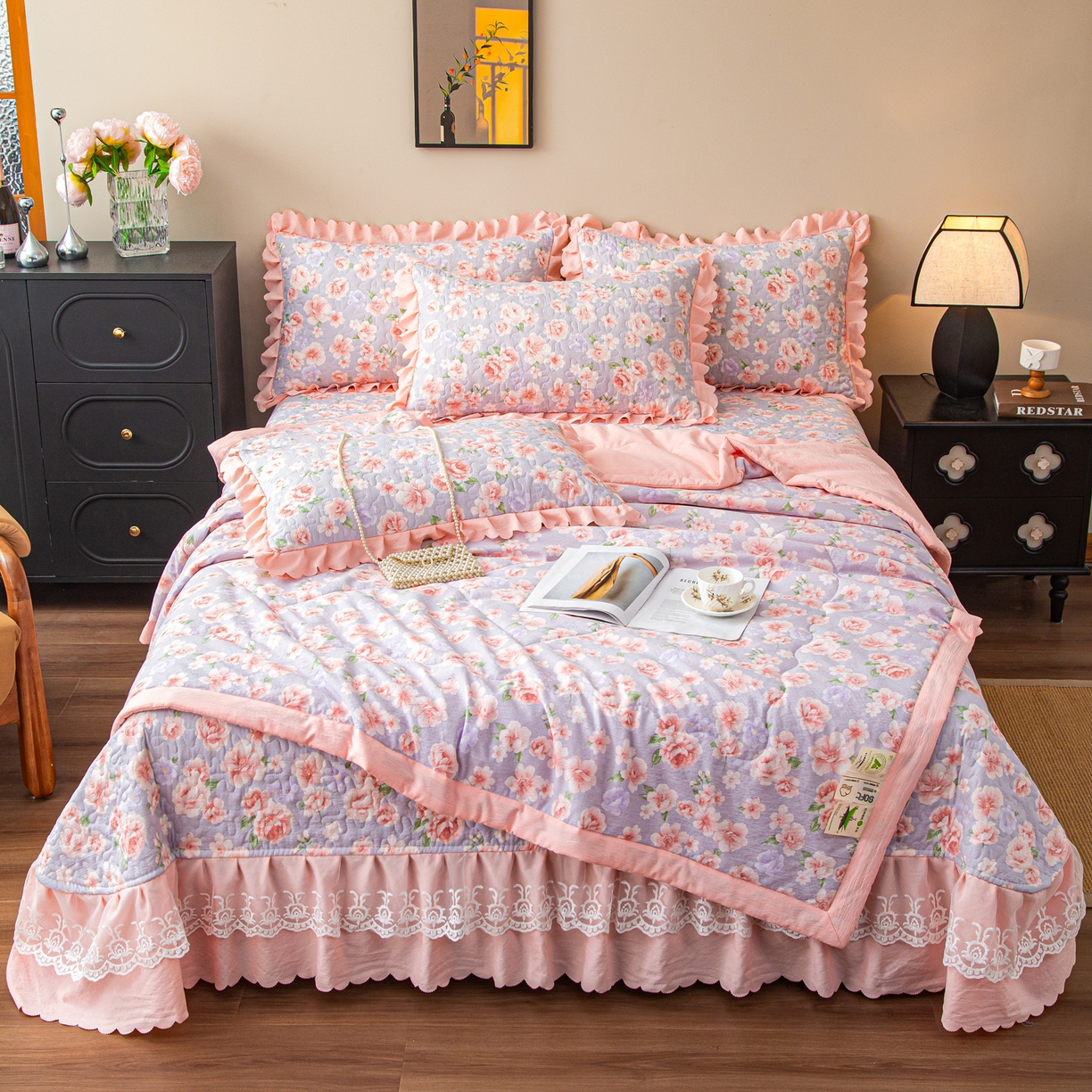 美之润家纺 2026新款原麻夹棉床盖夏被四件套 粉雾玫瑰