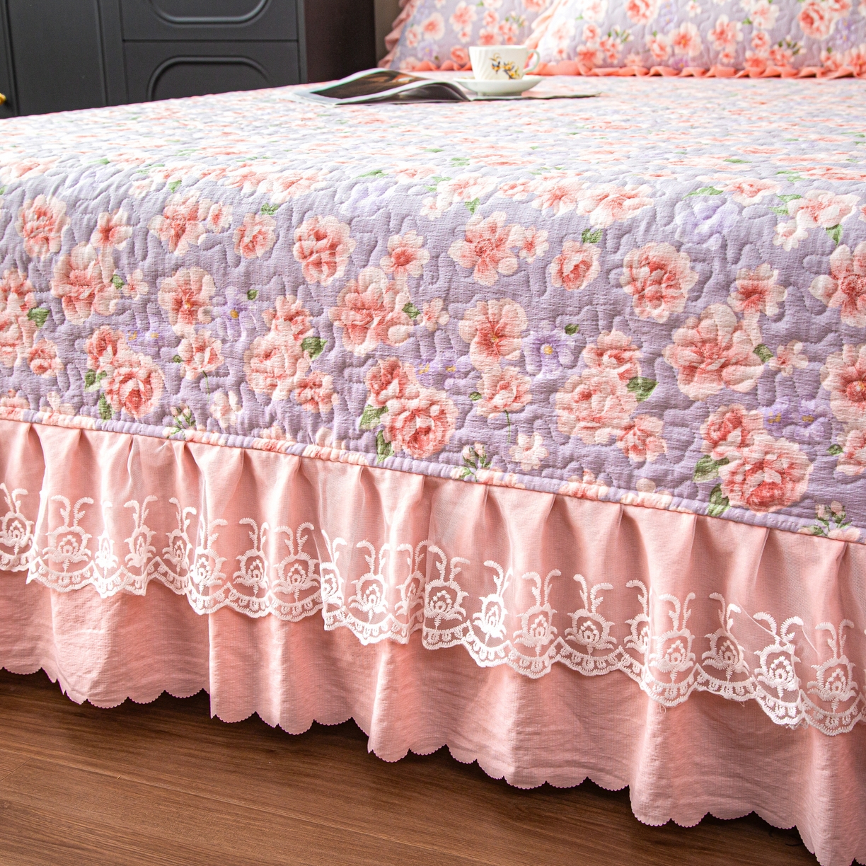 91家纺网 家纺一手货源 找家纺 美之润家纺 2026新款原麻夹棉床盖夏被四件套 粉雾玫瑰