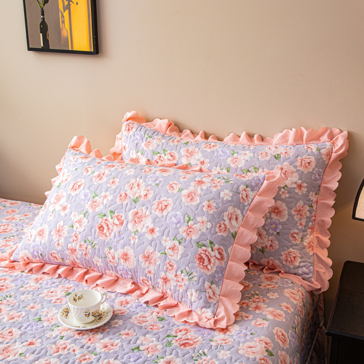 91家纺网 家纺一手货源 找家纺 美之润家纺 2026新款原麻夹棉床盖夏被四件套 粉雾玫瑰