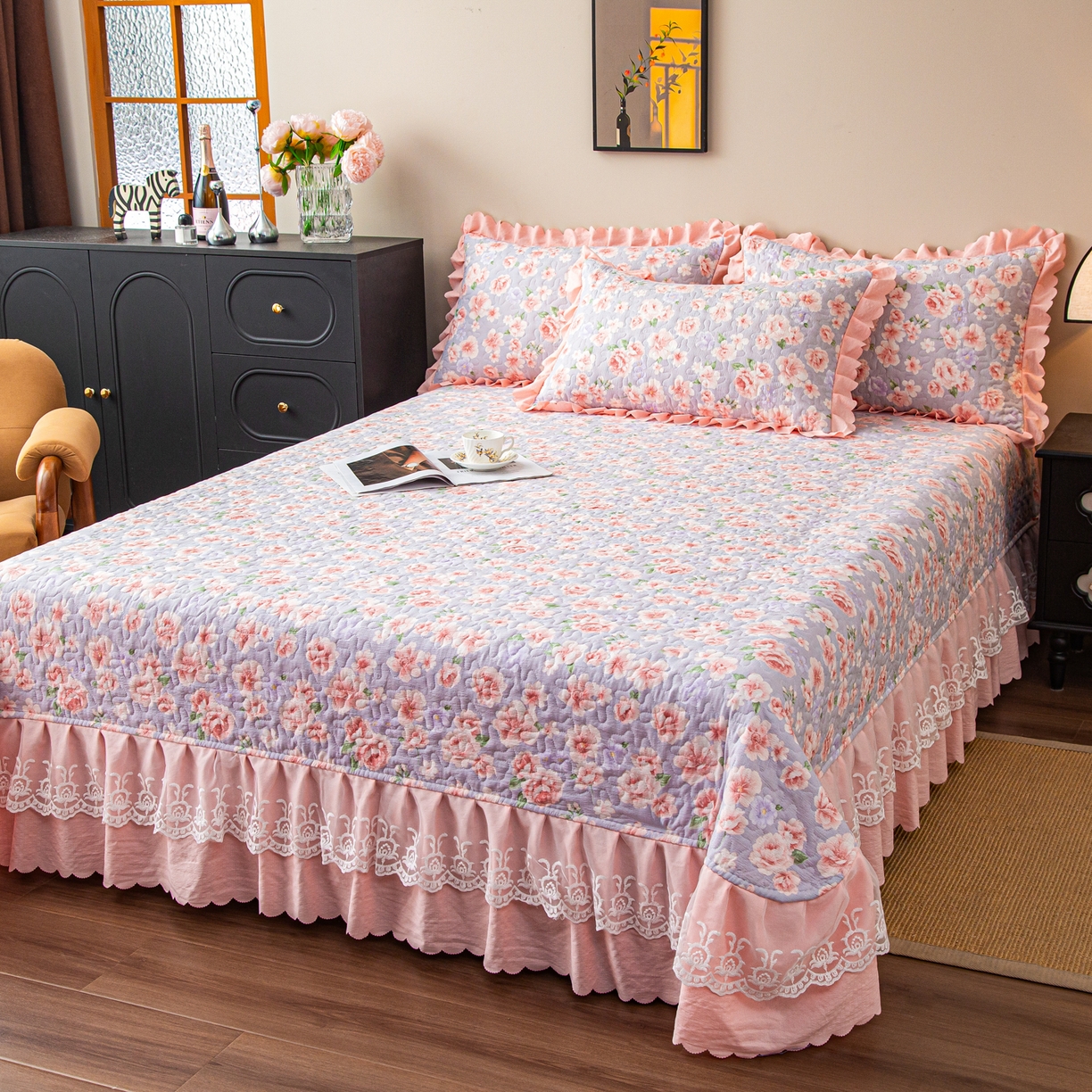 91家纺网 家纺一手货源 找家纺 美之润家纺 2026新款原麻夹棉床盖夏被四件套 粉雾玫瑰