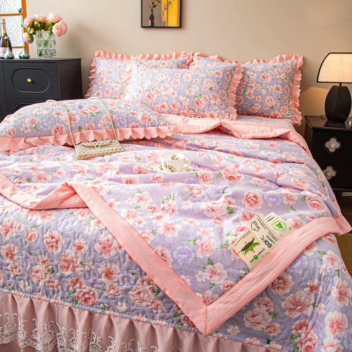 91家纺网 家纺一手货源 找家纺 美之润家纺 2026新款原麻夹棉床盖夏被四件套 粉雾玫瑰