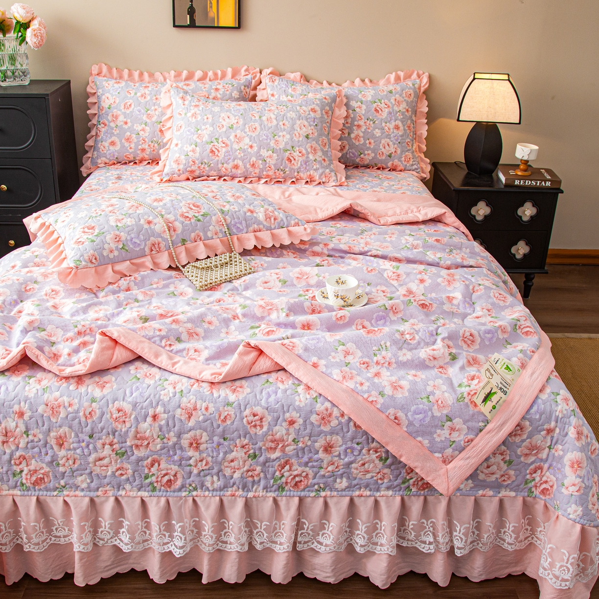 91家纺网 家纺一手货源 找家纺 美之润家纺 2026新款原麻夹棉床盖夏被四件套 粉雾玫瑰