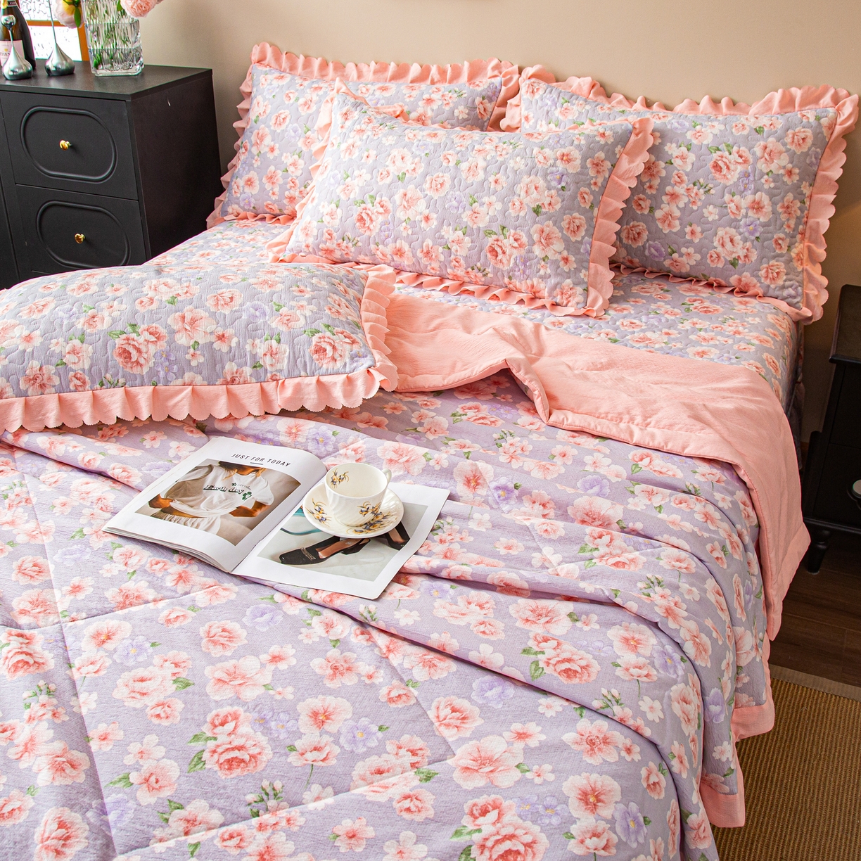 91家纺网 家纺一手货源 找家纺 美之润家纺 2026新款原麻夹棉床盖夏被四件套 粉雾玫瑰