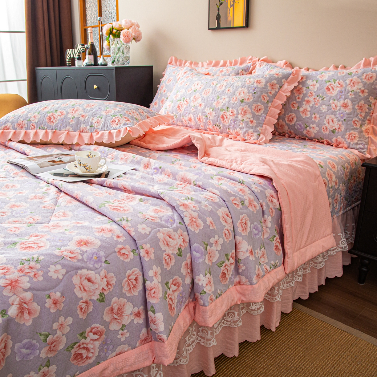 91家纺网 家纺一手货源 找家纺 美之润家纺 2026新款原麻夹棉床盖夏被四件套 粉雾玫瑰