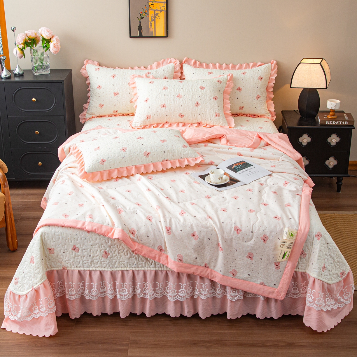 美之润家纺 2026新款原麻夹棉床盖夏被四件套 粉樱奶白