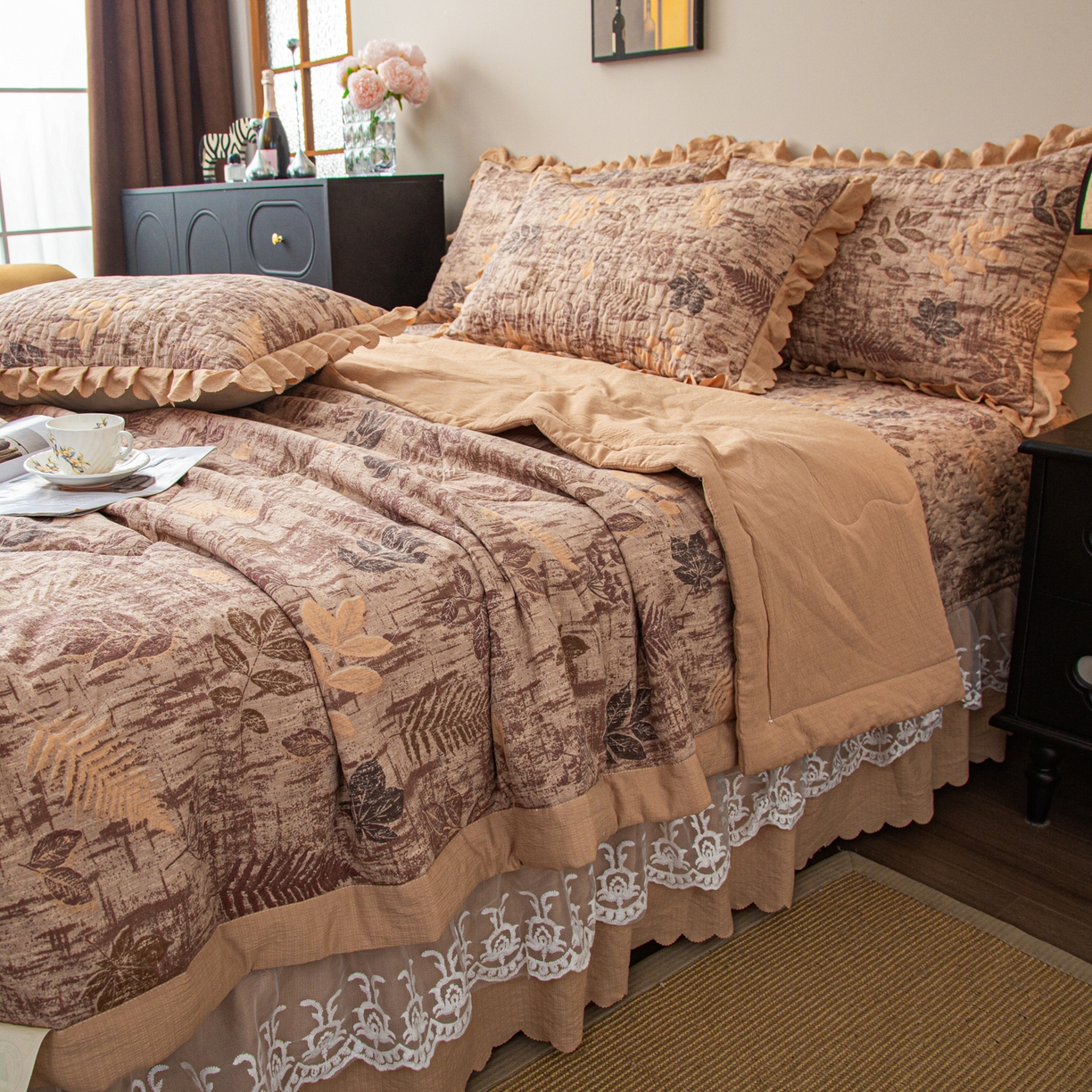 91家纺网 家纺一手货源 找家纺 美之润家纺 2026新款原麻夹棉床盖夏被四件套 焦糖野枝