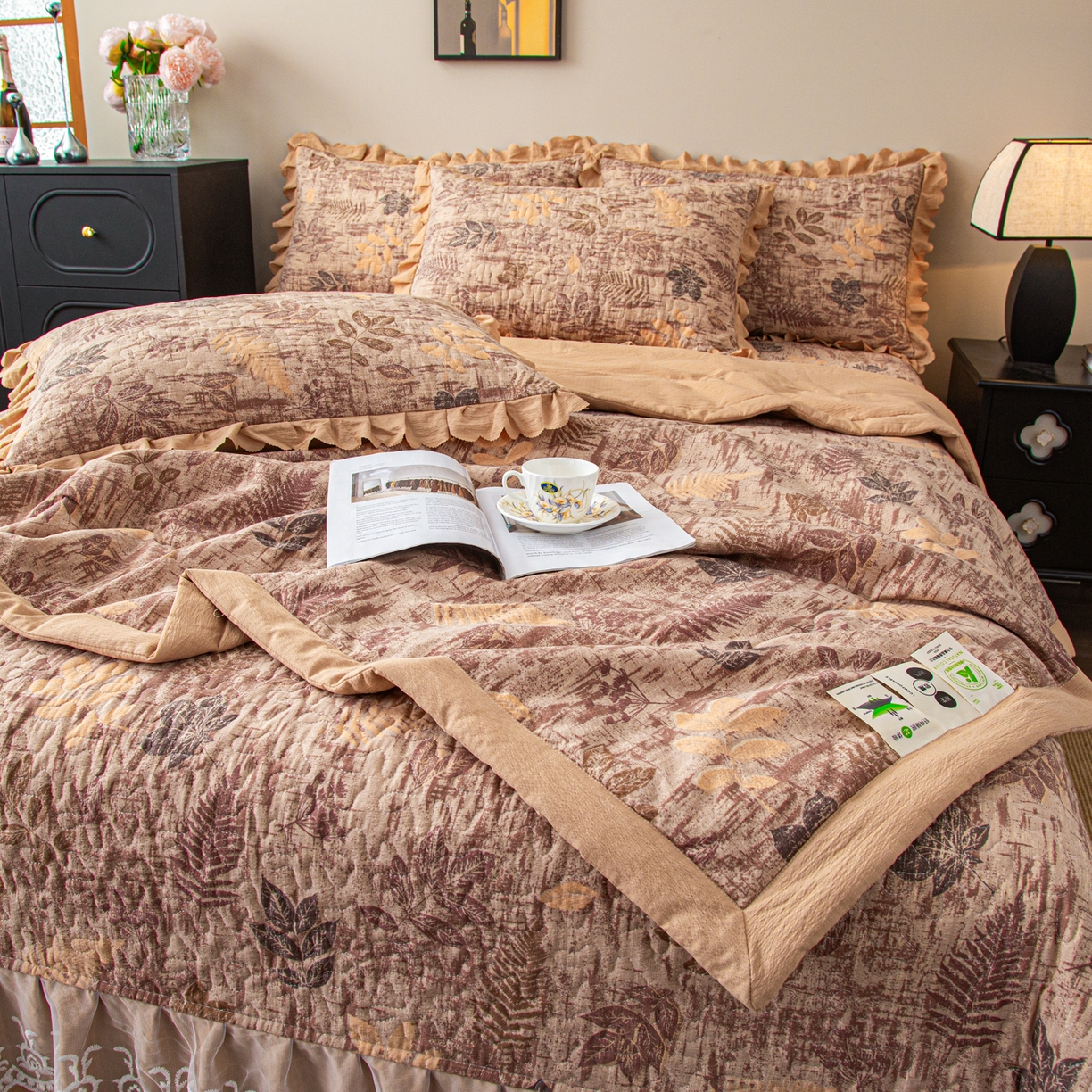 91家纺网 家纺一手货源 找家纺 美之润家纺 2026新款原麻夹棉床盖夏被四件套 焦糖野枝