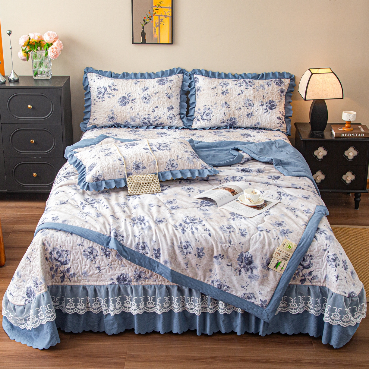 美之润家纺 2026新款原麻夹棉床盖夏被四件套 墨蓝玫瑰