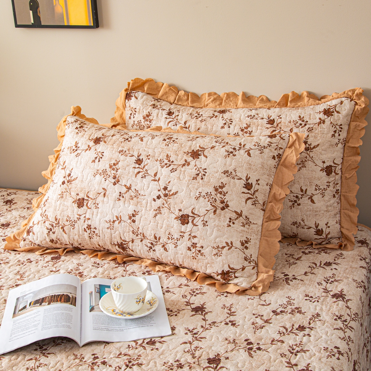 91家纺网 家纺一手货源 找家纺 美之润家纺 2026新款原麻夹棉床盖夏被四件套 暖棕花意