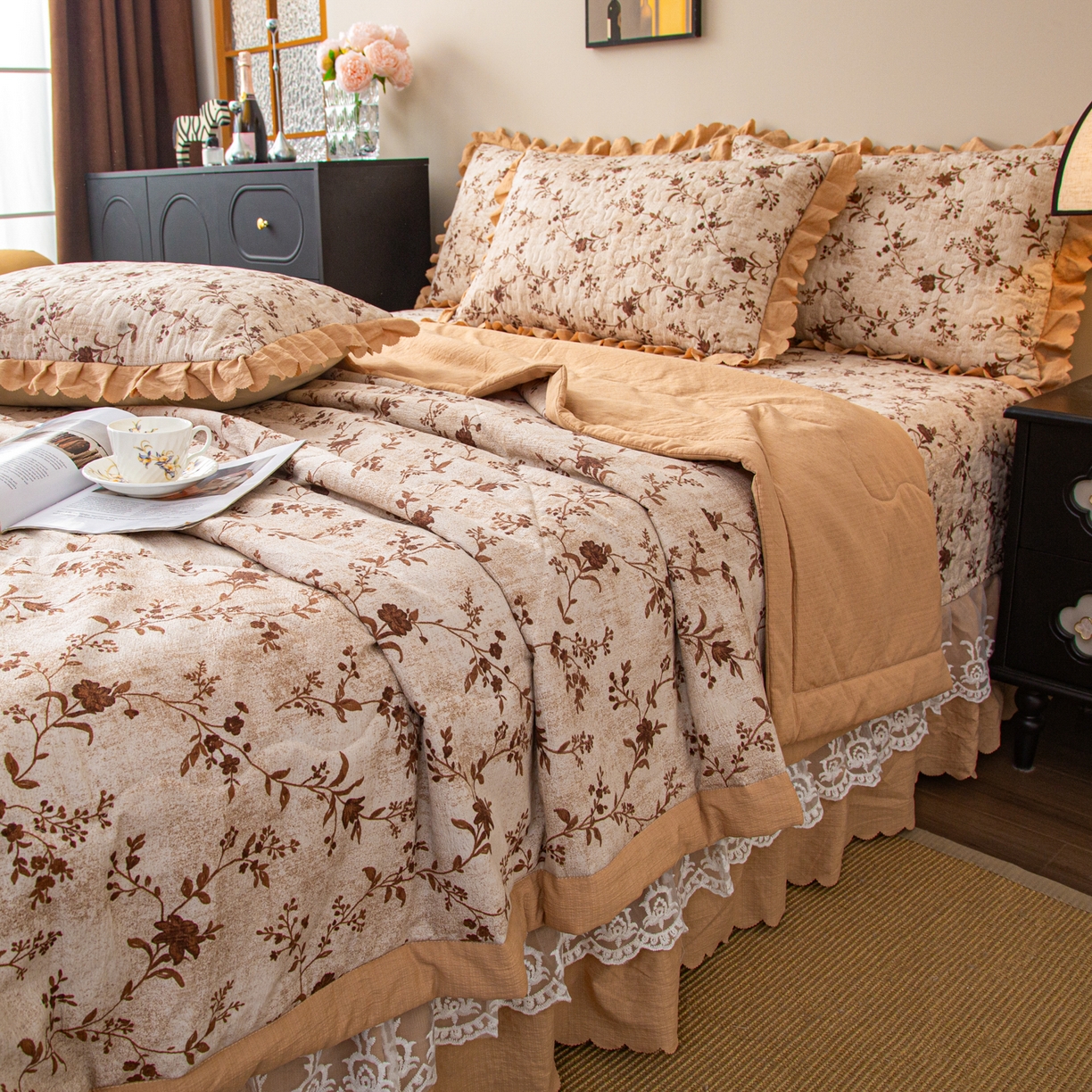 91家纺网 家纺一手货源 找家纺 美之润家纺 2026新款原麻夹棉床盖夏被四件套 暖棕花意