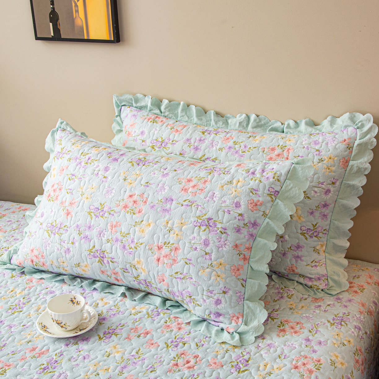 91家纺网 家纺一手货源 找家纺 美之润家纺 2026新款原麻夹棉床盖夏被四件套 浅蓝花野