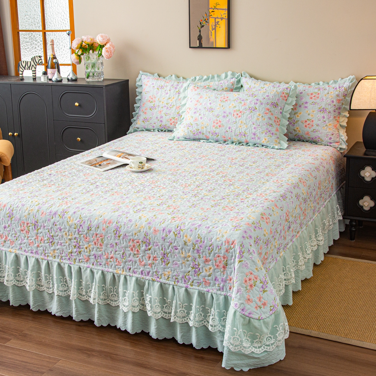 91家纺网 家纺一手货源 找家纺 美之润家纺 2026新款原麻夹棉床盖夏被四件套 浅蓝花野