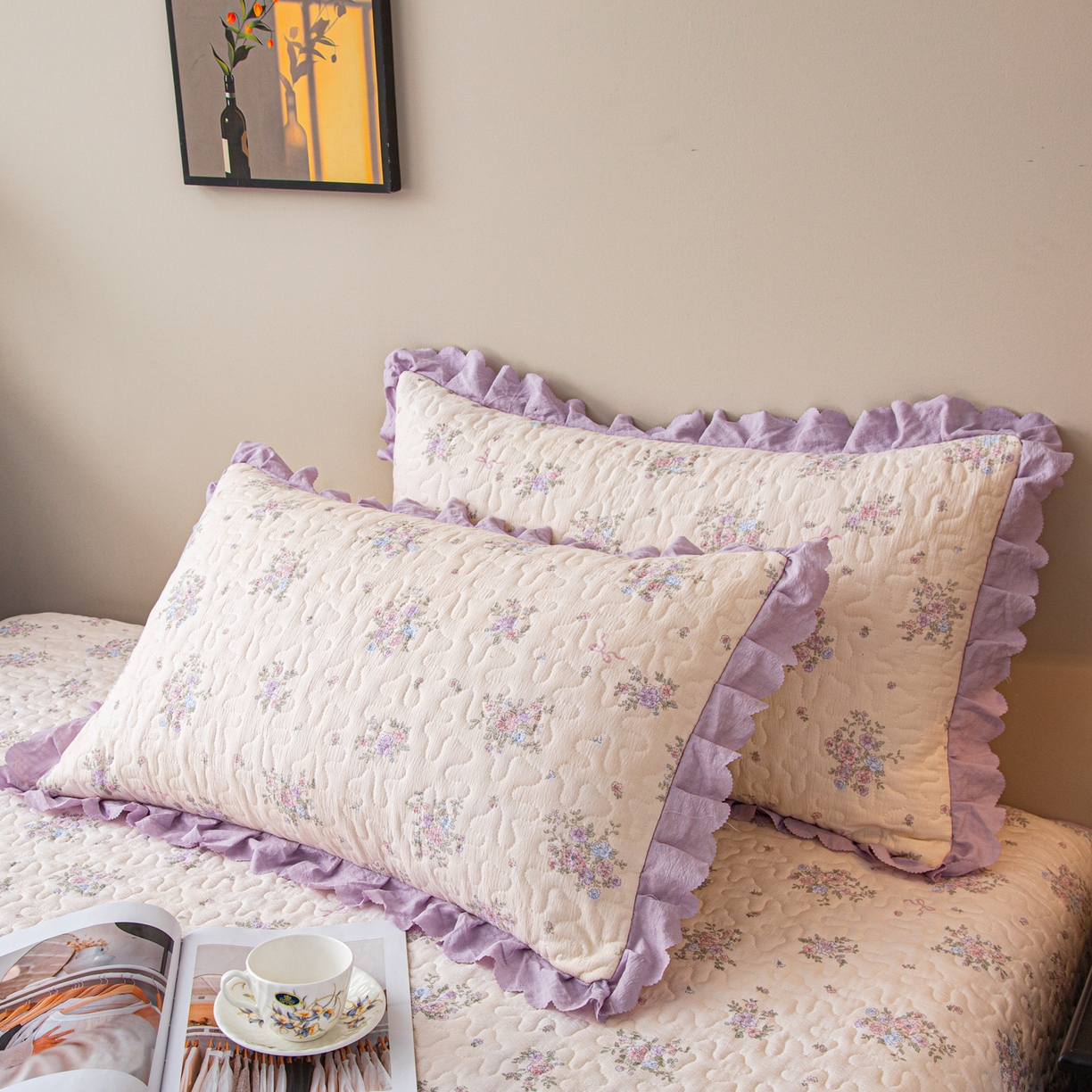 91家纺网 家纺一手货源 找家纺 美之润家纺 2026新款原麻夹棉床盖夏被四件套 浅紫花笺