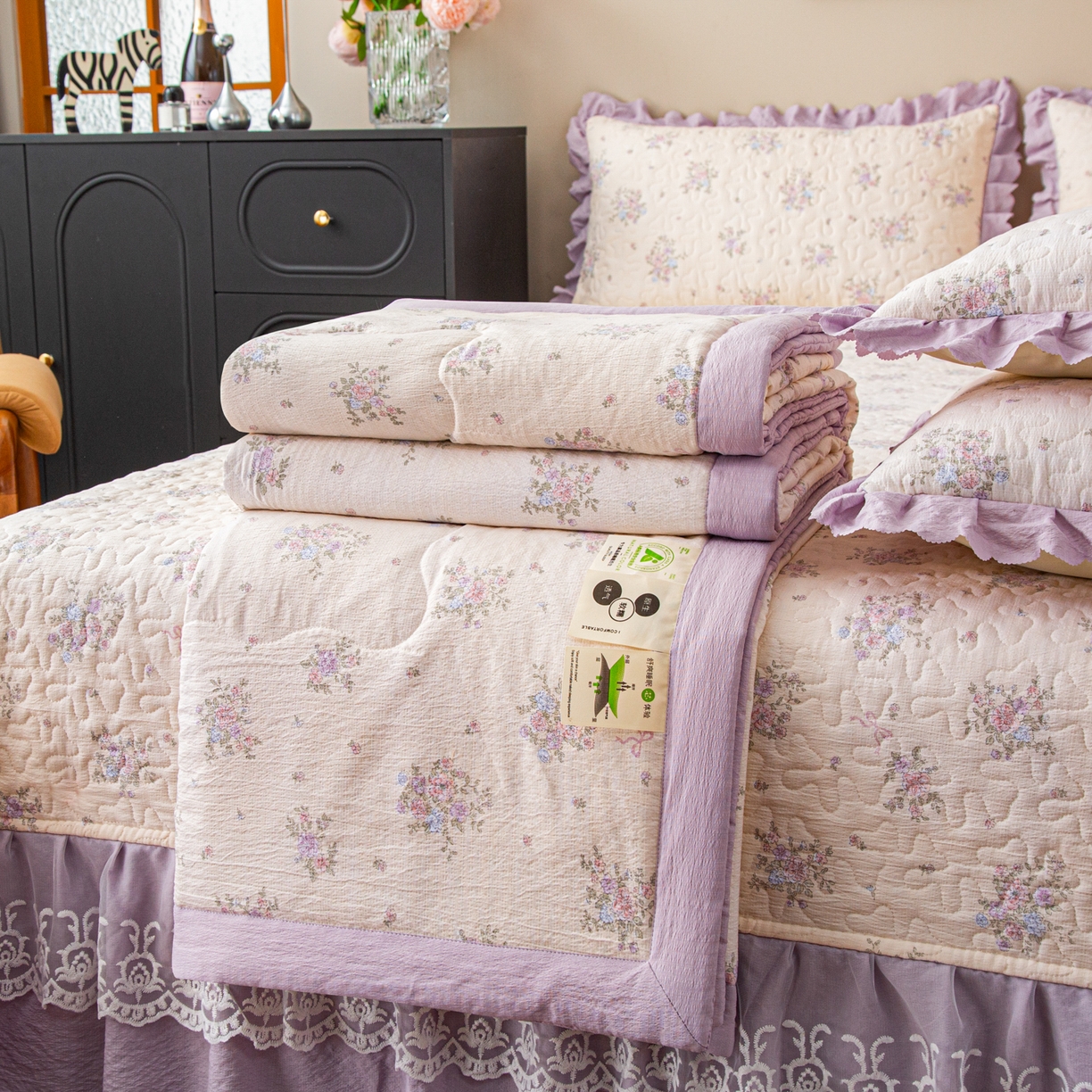 91家纺网 家纺一手货源 找家纺 美之润家纺 2026新款原麻夹棉床盖夏被四件套 浅紫花笺