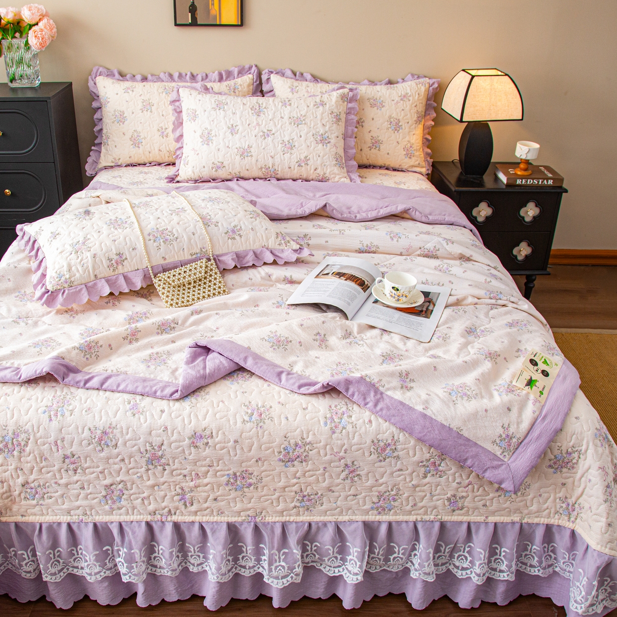 91家纺网 家纺一手货源 找家纺 美之润家纺 2026新款原麻夹棉床盖夏被四件套 浅紫花笺