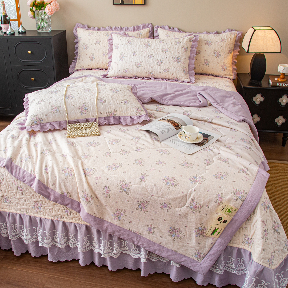 91家纺网 家纺一手货源 找家纺 美之润家纺 2026新款原麻夹棉床盖夏被四件套 浅紫花笺