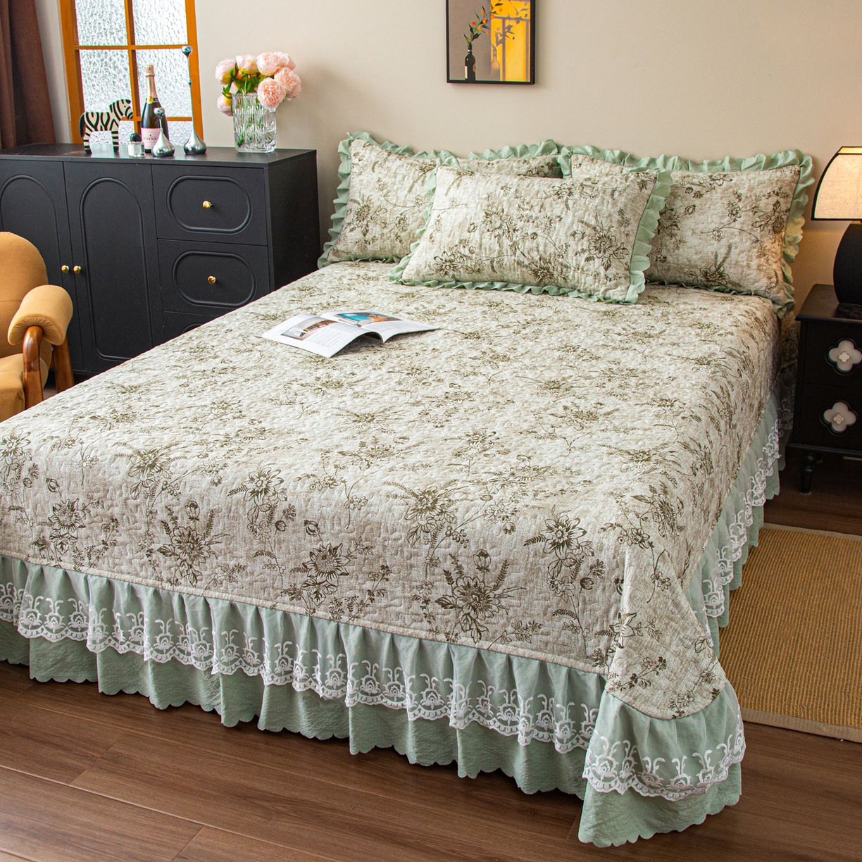 91家纺网 家纺一手货源 找家纺 美之润家纺 2026新款原麻夹棉床盖夏被四件套 青雾松影