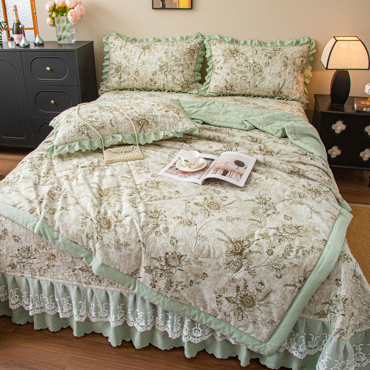 91家纺网 家纺一手货源 找家纺 美之润家纺 2026新款原麻夹棉床盖夏被四件套 青雾松影