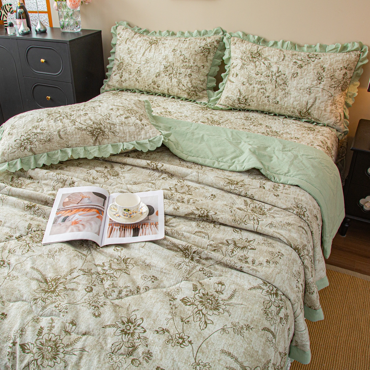 91家纺网 家纺一手货源 找家纺 美之润家纺 2026新款原麻夹棉床盖夏被四件套 青雾松影