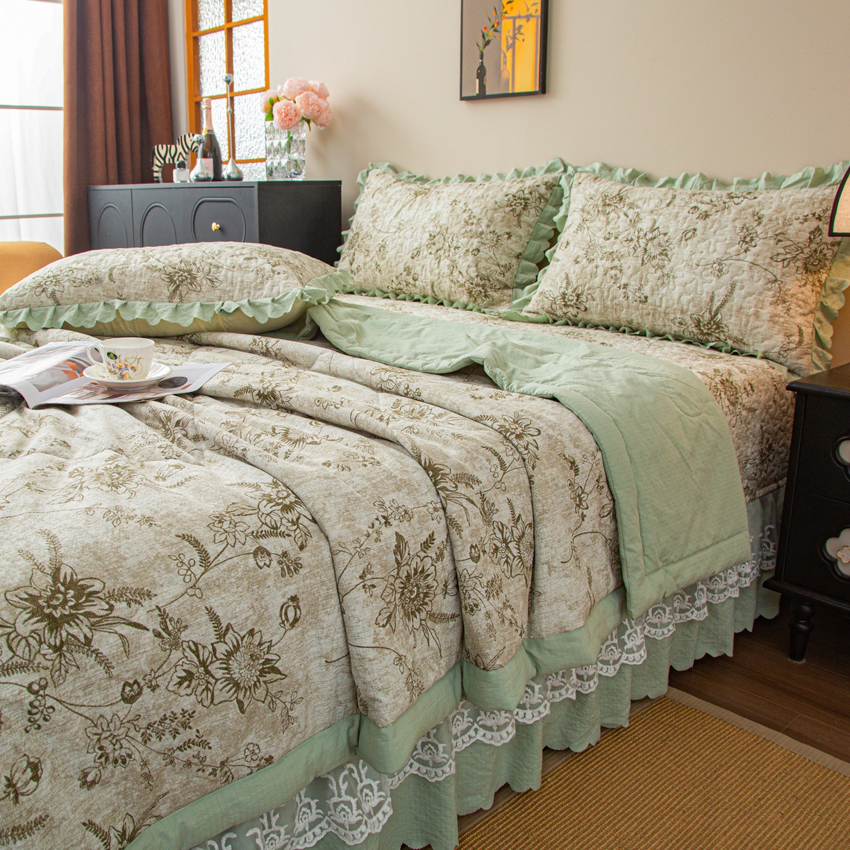 91家纺网 家纺一手货源 找家纺 美之润家纺 2026新款原麻夹棉床盖夏被四件套 青雾松影