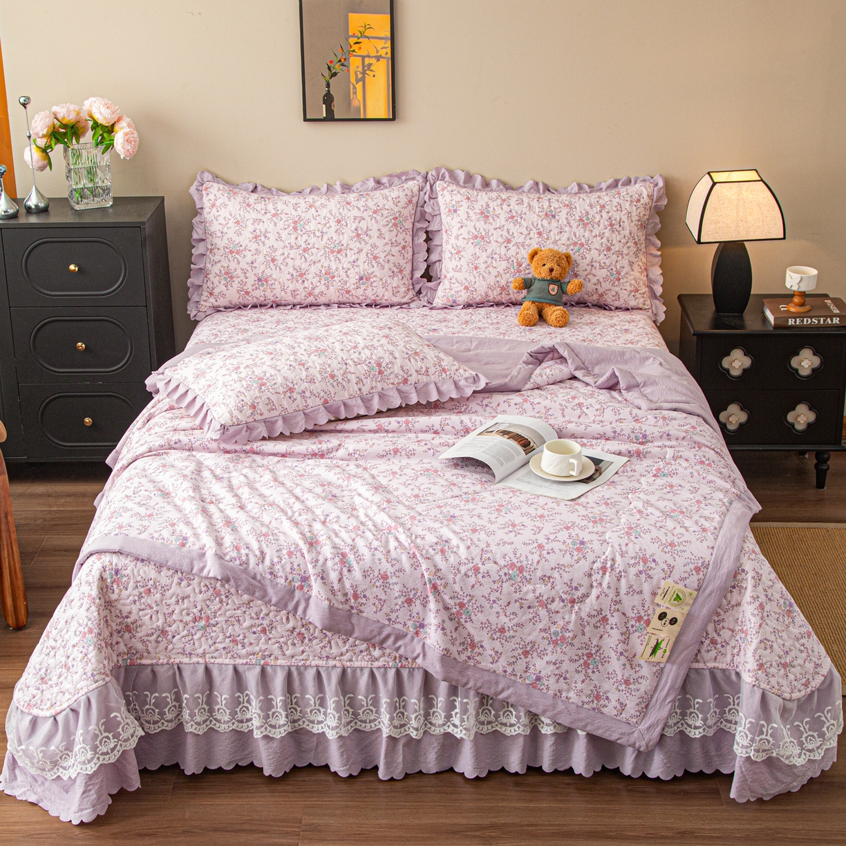 美之润家纺 2026新款原麻夹棉床盖夏被四件套 柔紫花簇