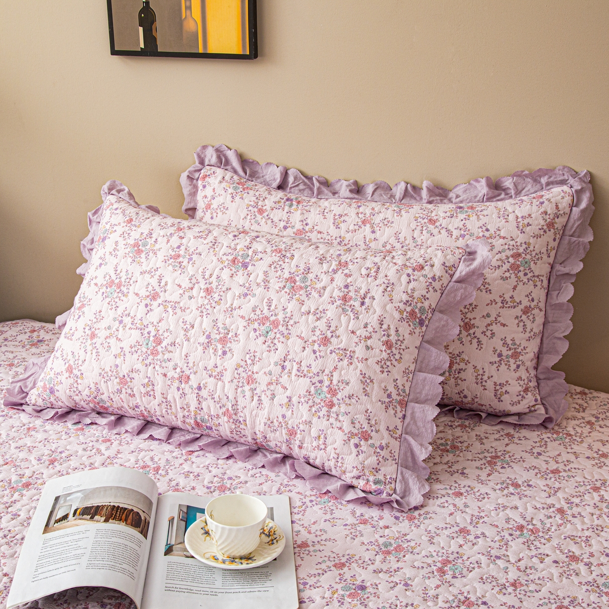 91家纺网 家纺一手货源 找家纺 美之润家纺 2026新款原麻夹棉床盖夏被四件套 柔紫花簇