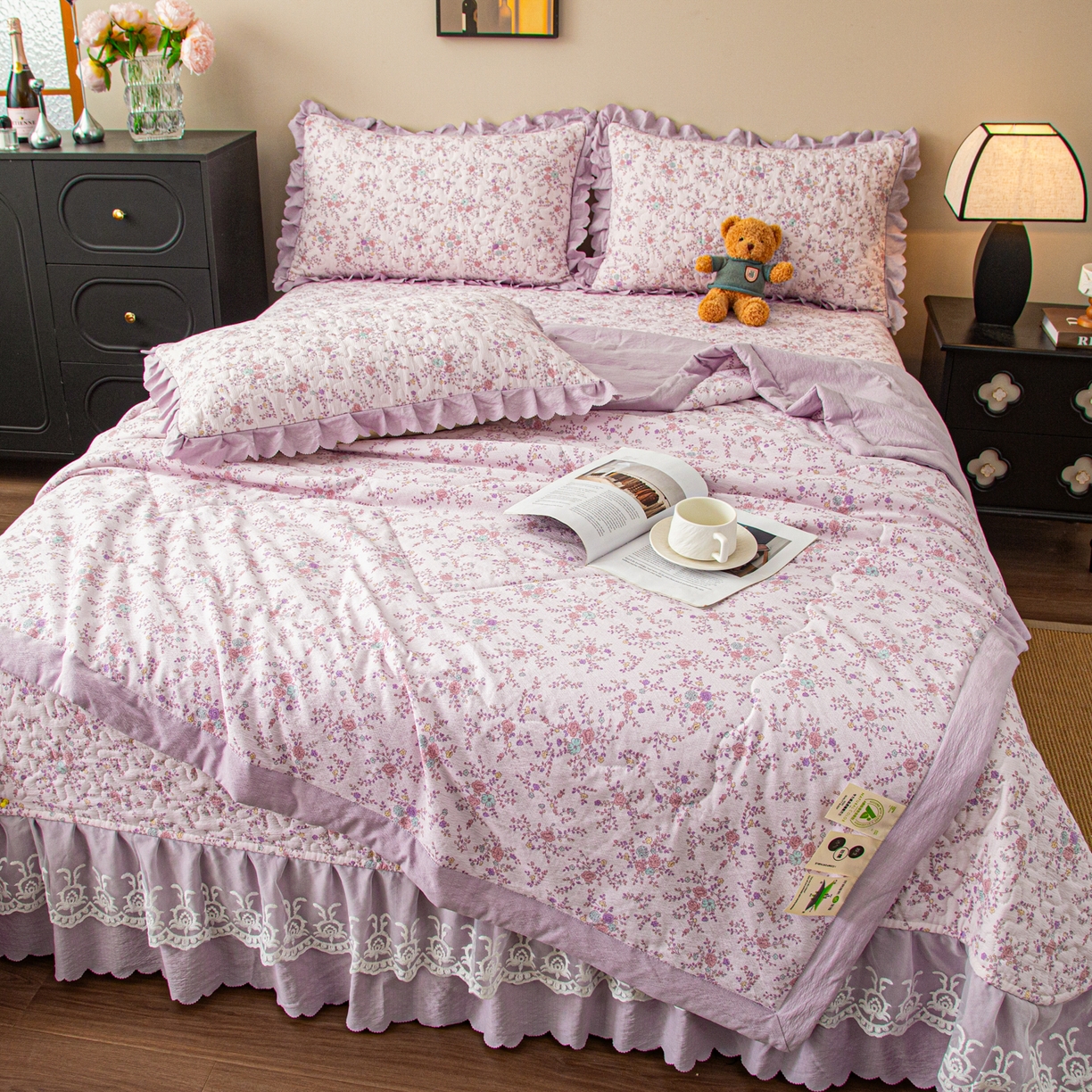 91家纺网 家纺一手货源 找家纺 美之润家纺 2026新款原麻夹棉床盖夏被四件套 柔紫花簇