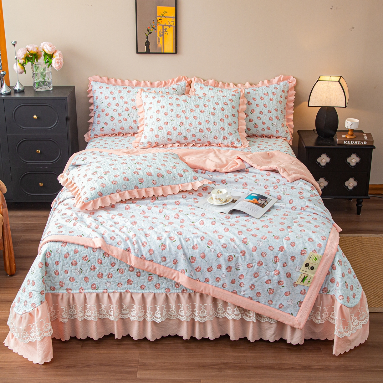 美之润家纺 2026新款原麻夹棉床盖夏被四件套 桃桃冰沙