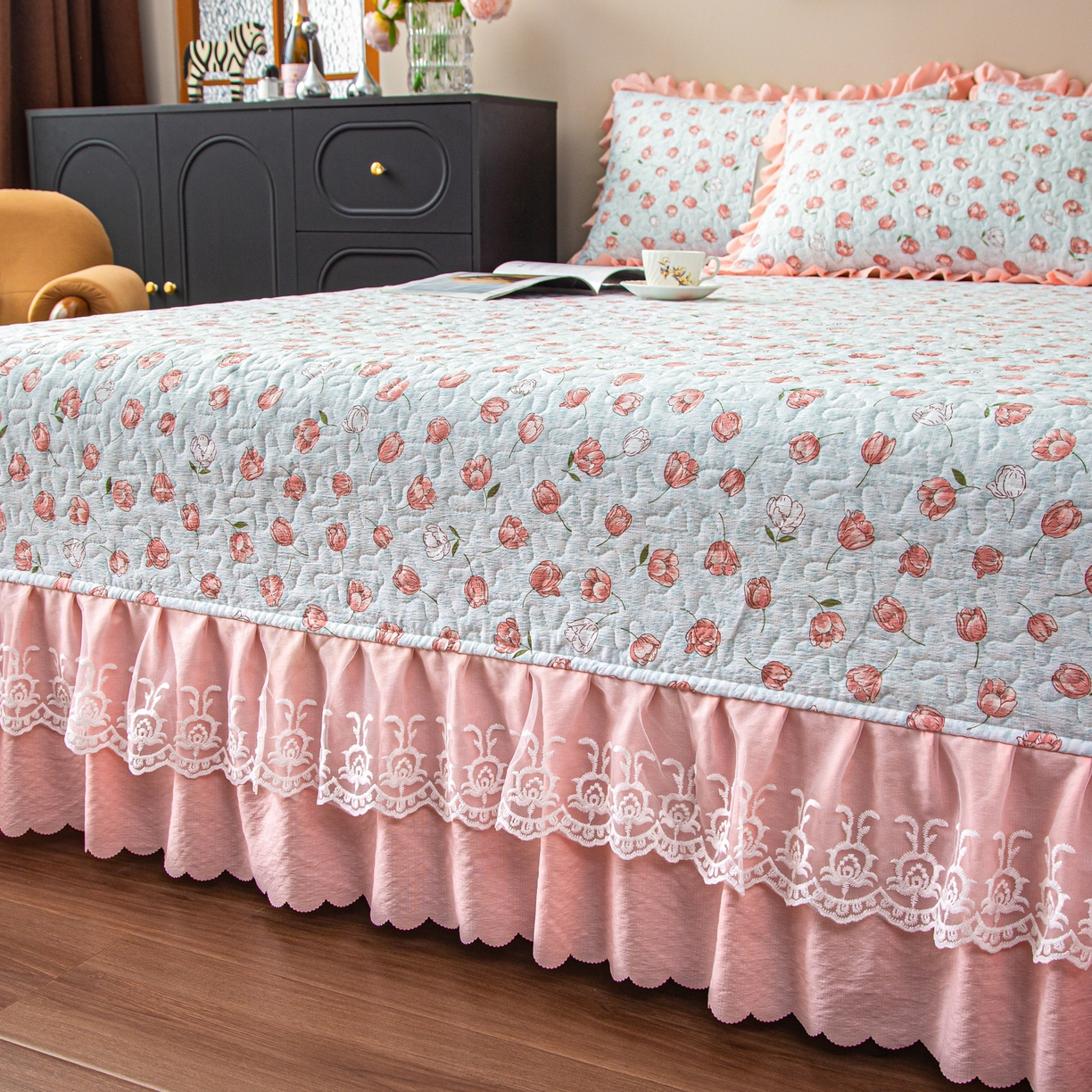 91家纺网 家纺一手货源 找家纺 美之润家纺 2026新款原麻夹棉床盖夏被四件套 桃桃冰沙