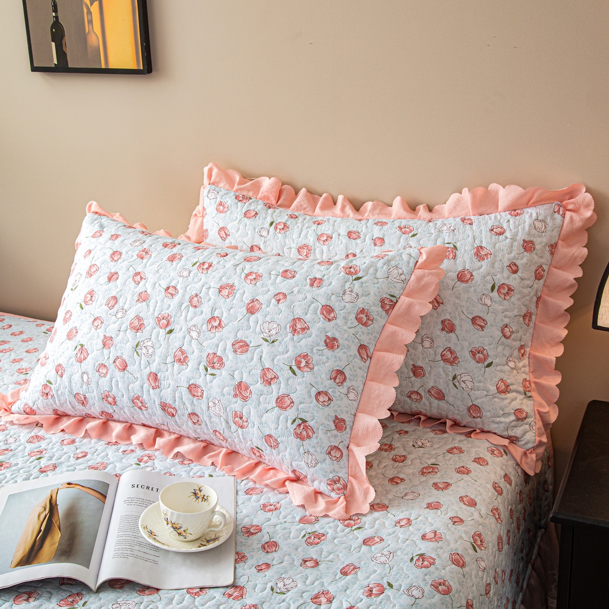 91家纺网 家纺一手货源 找家纺 美之润家纺 2026新款原麻夹棉床盖夏被四件套 桃桃冰沙