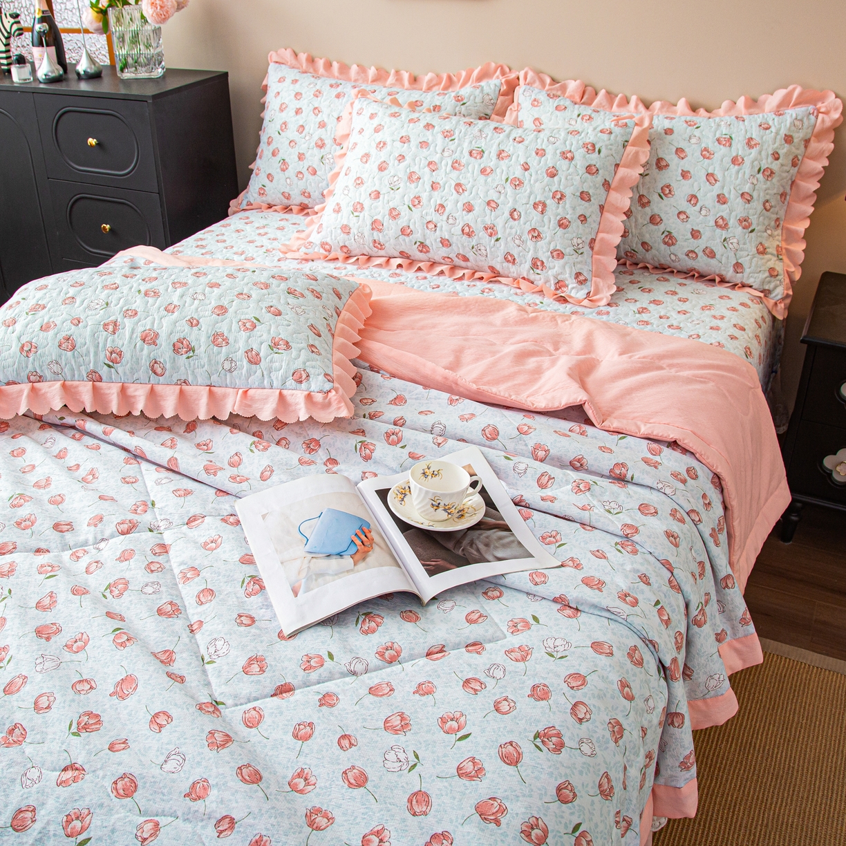 91家纺网 家纺一手货源 找家纺 美之润家纺 2026新款原麻夹棉床盖夏被四件套 桃桃冰沙