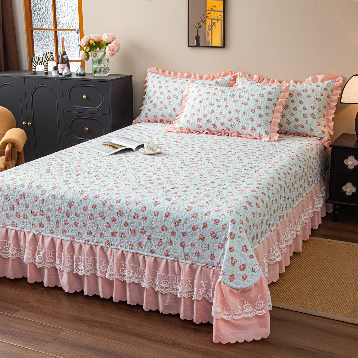 91家纺网 家纺一手货源 找家纺 美之润家纺 2026新款原麻夹棉床盖夏被四件套 桃桃冰沙