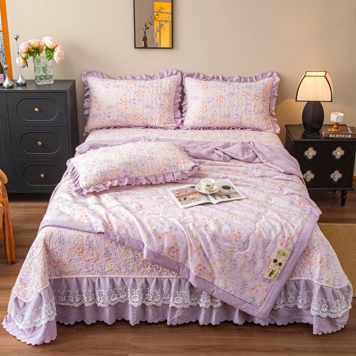 美之润家纺 2026新款原麻夹棉床盖夏被四件套 薰衣草信