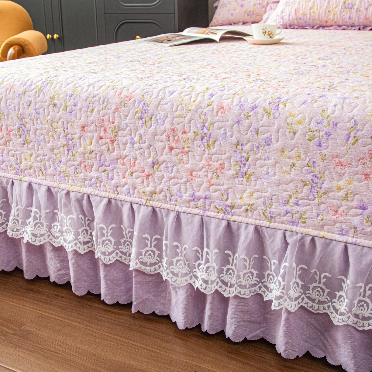 91家纺网 家纺一手货源 找家纺 美之润家纺 2026新款原麻夹棉床盖夏被四件套 薰衣草信