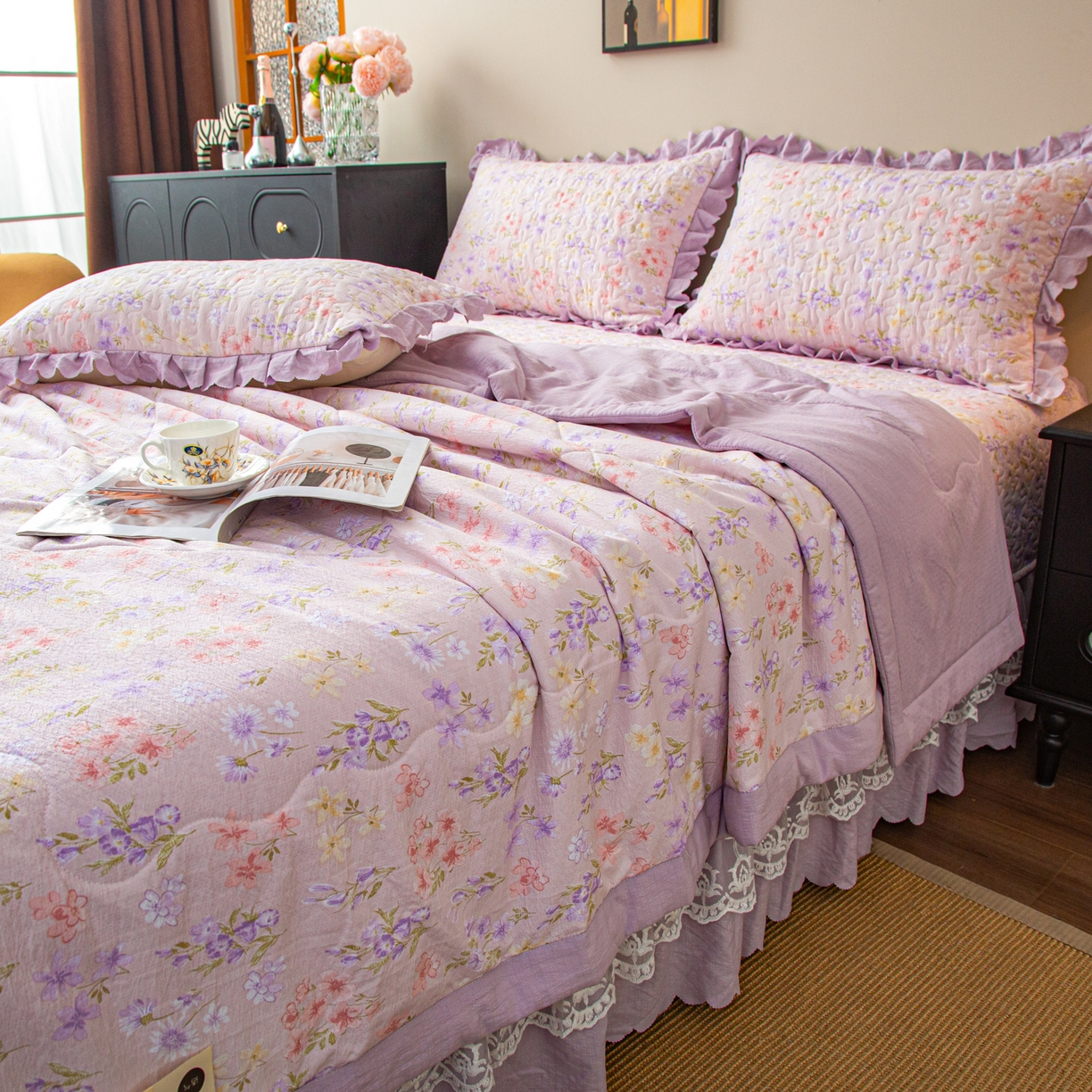 91家纺网 家纺一手货源 找家纺 美之润家纺 2026新款原麻夹棉床盖夏被四件套 薰衣草信