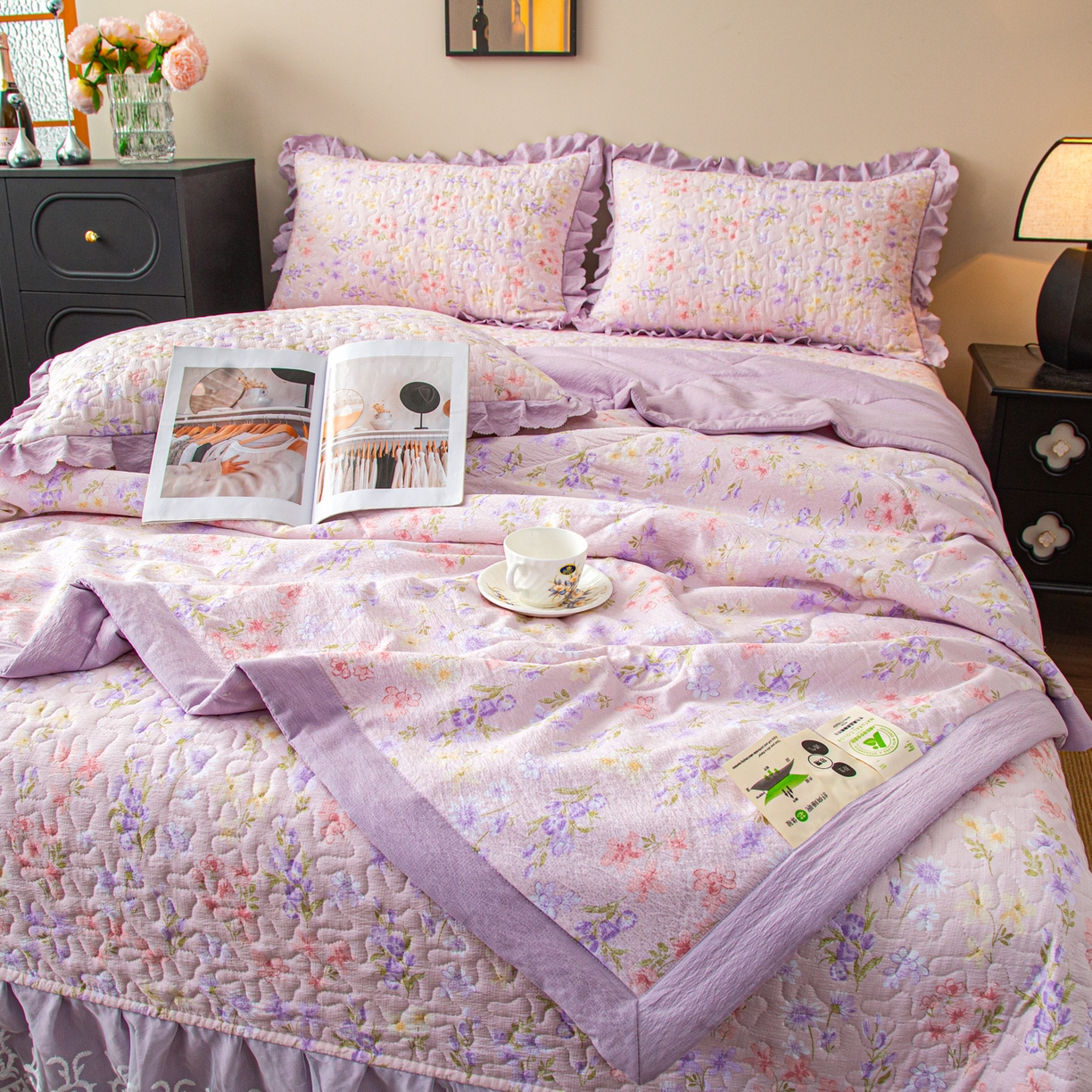 91家纺网 家纺一手货源 找家纺 美之润家纺 2026新款原麻夹棉床盖夏被四件套 薰衣草信