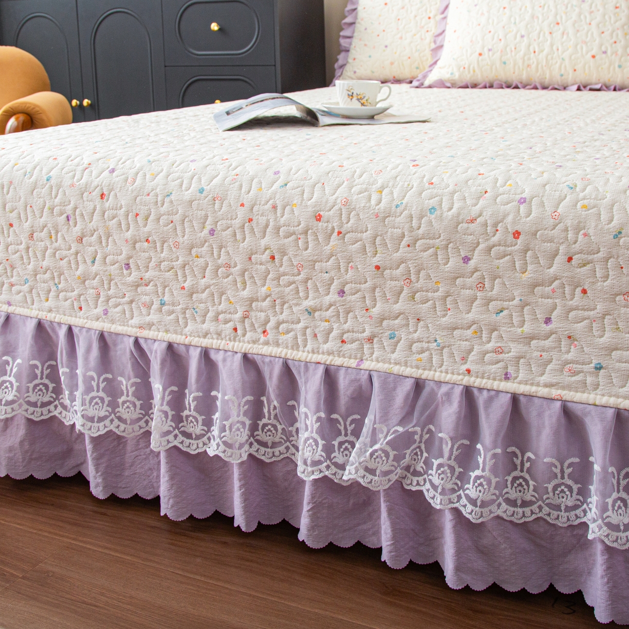 91家纺网 家纺一手货源 找家纺 美之润家纺 2026新款原麻夹棉床盖夏被四件套 紫星碎梦