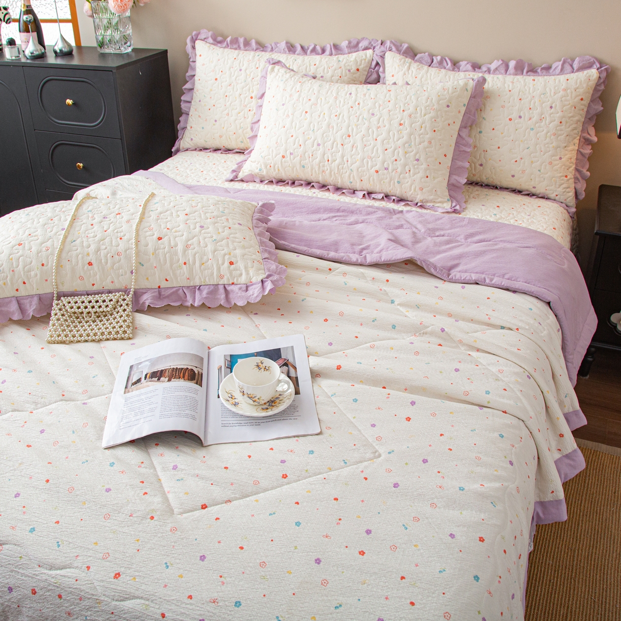 91家纺网 家纺一手货源 找家纺 美之润家纺 2026新款原麻夹棉床盖夏被四件套 紫星碎梦