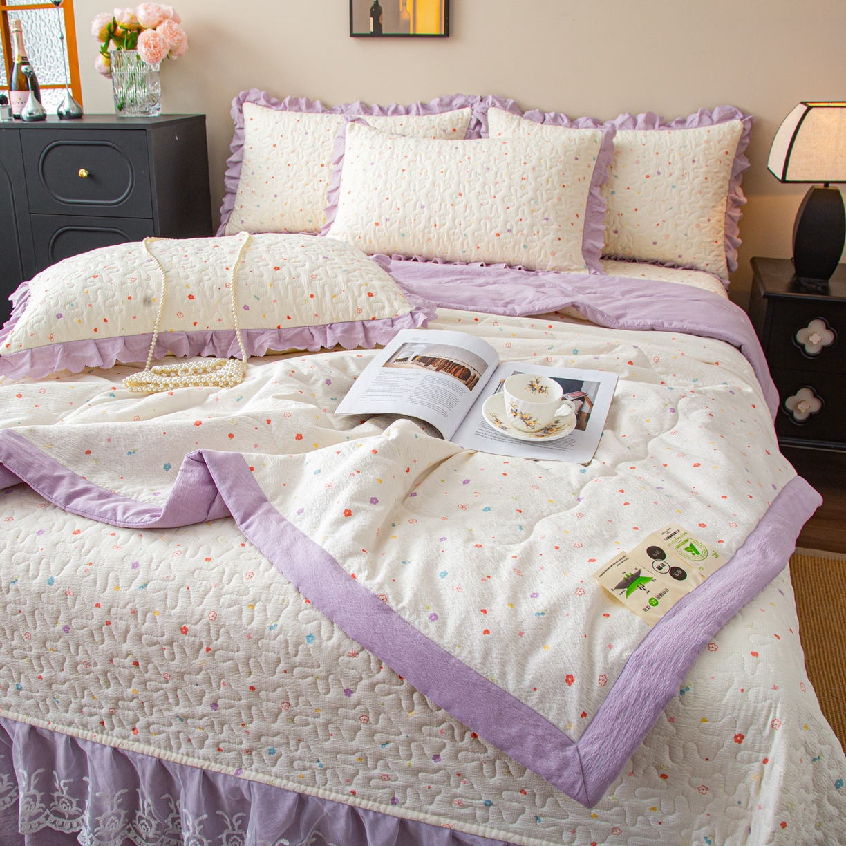 91家纺网 家纺一手货源 找家纺 美之润家纺 2026新款原麻夹棉床盖夏被四件套 紫星碎梦