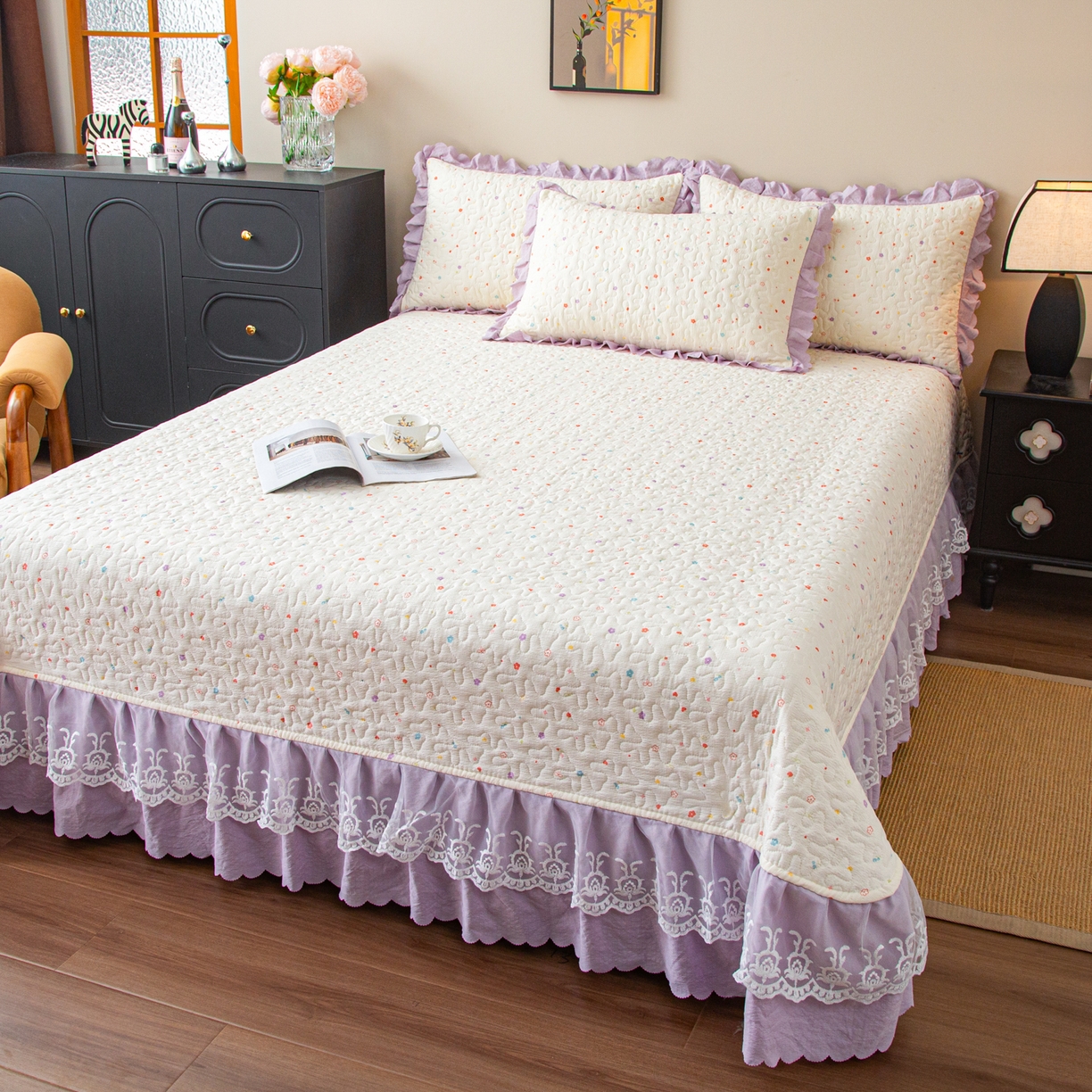 91家纺网 家纺一手货源 找家纺 美之润家纺 2026新款原麻夹棉床盖夏被四件套 紫星碎梦